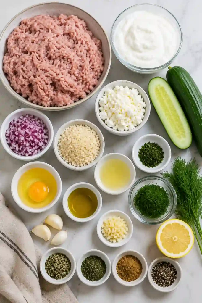 4. Healthy Greek turkey meatballs with homemade tzatziki, fresh herbs, and lemon on a serving board. A protein-packed family meal.