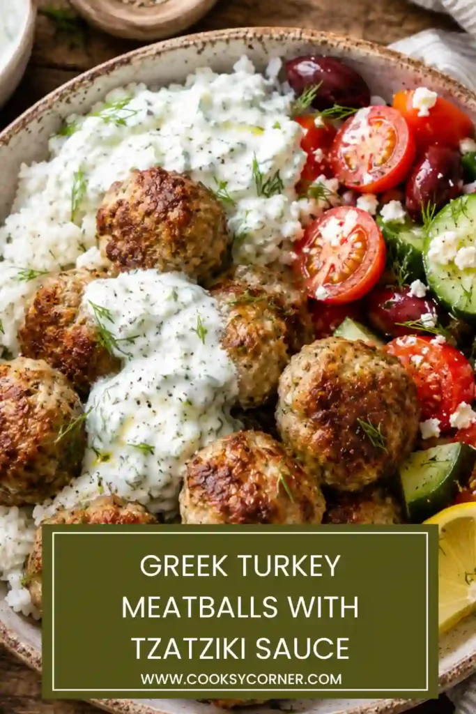 1. Golden baked Greek turkey meatballs served with creamy homemade tzatziki sauce, fresh dill, cucumber slices, and lemon wedges on a rustic platter.