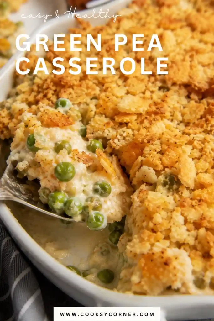 Creamy green pea casserole fresh from the oven with melted cheddar and buttery cracker crust. An easy side dish perfect for holidays and potlucks.