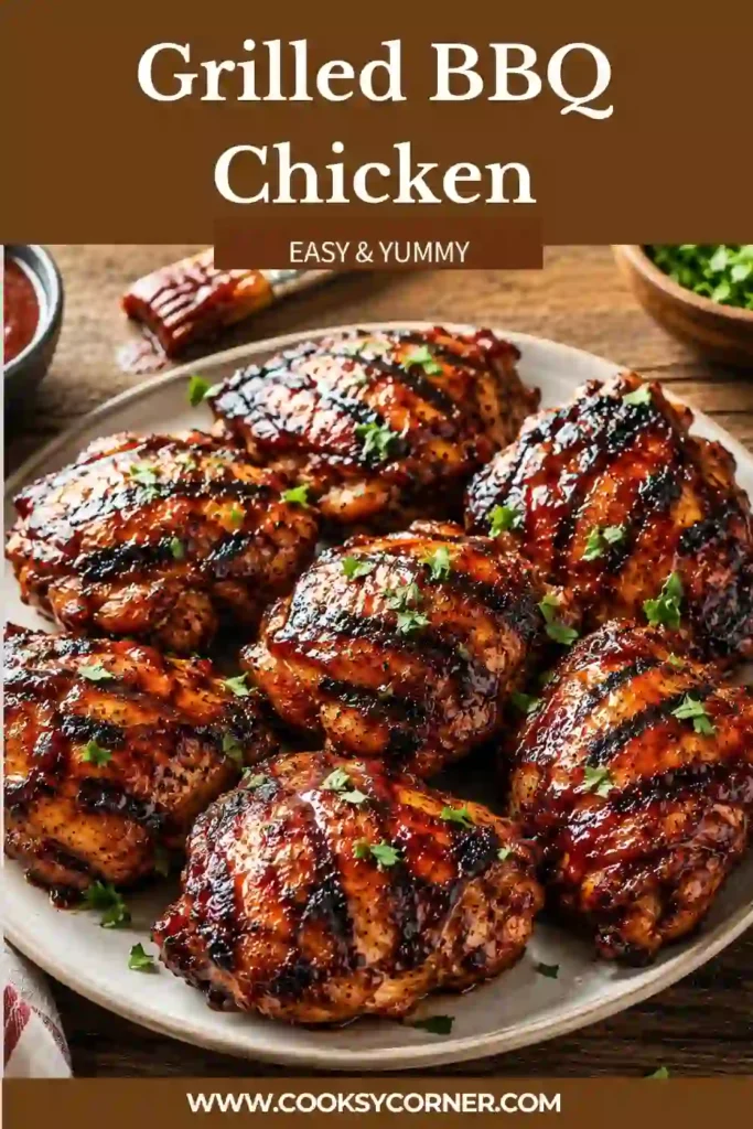 Freshly grilled BBQ chicken arranged on a serving platter with parsley garnish and charred edges. This barbecue chicken recipe is ideal for cookouts and outdoor grilling.
