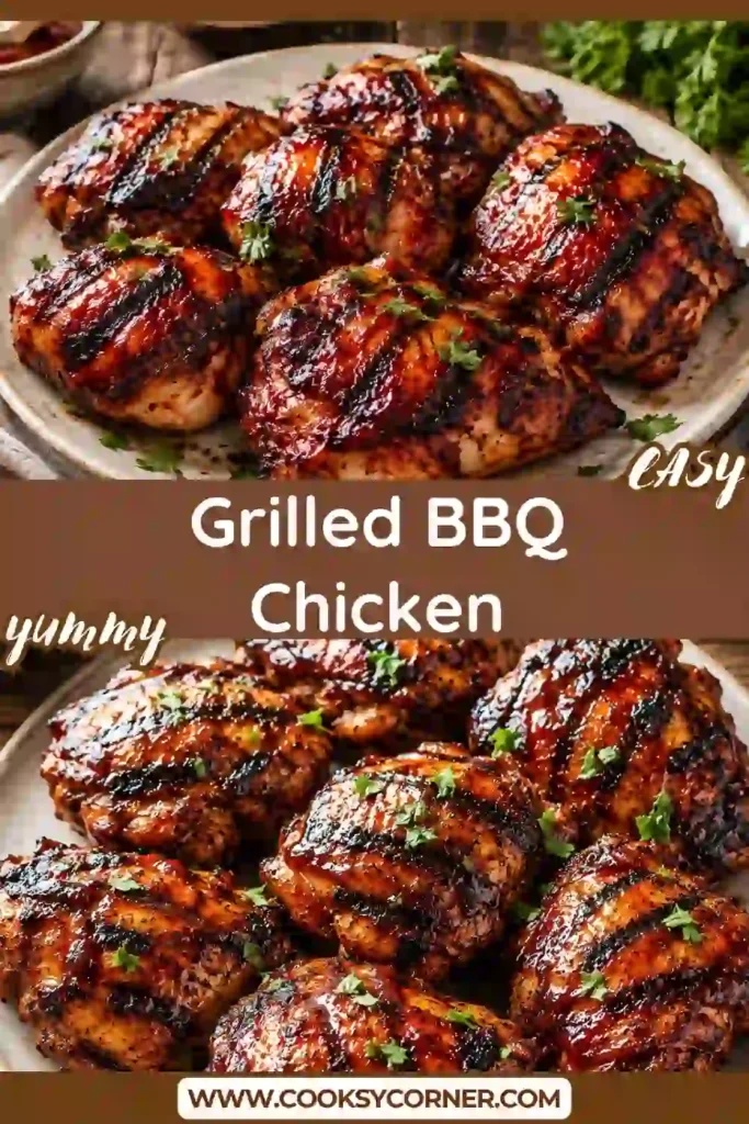 Close-up of grilled BBQ chicken thighs with rich caramelized barbecue glaze and chopped parsley. The homemade marinade creates a flavorful, juicy grilled chicken dinner.