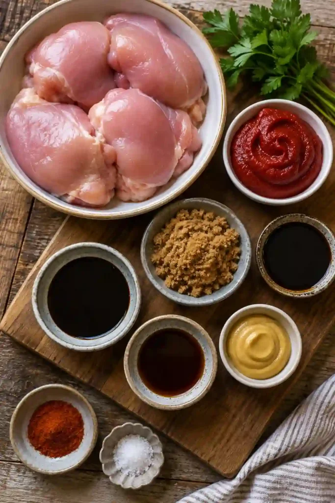 Smoky grilled BBQ chicken thighs with caramelized barbecue glaze served on a rustic platter. This easy grilled chicken recipe is perfect for summer meals and family gatherings.