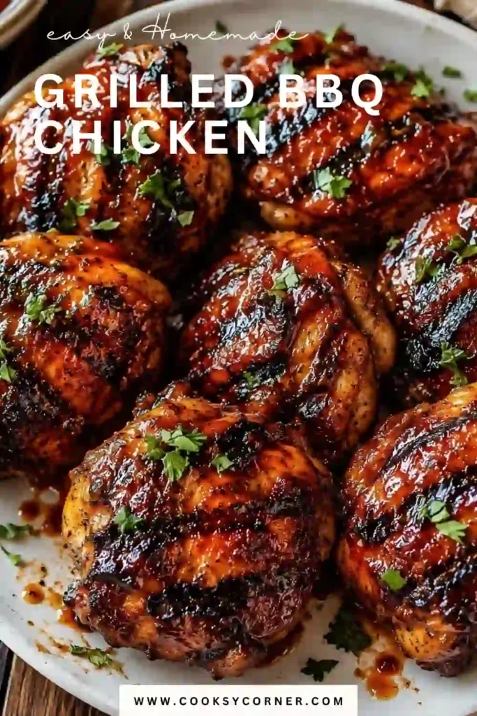 A platter of Grilled BBQ Chicken made with juicy chicken thighs coated in a smoky homemade BBQ marinade. The chicken is beautifully caramelized and garnished with fresh parsley, making it perfect for summer grilling.