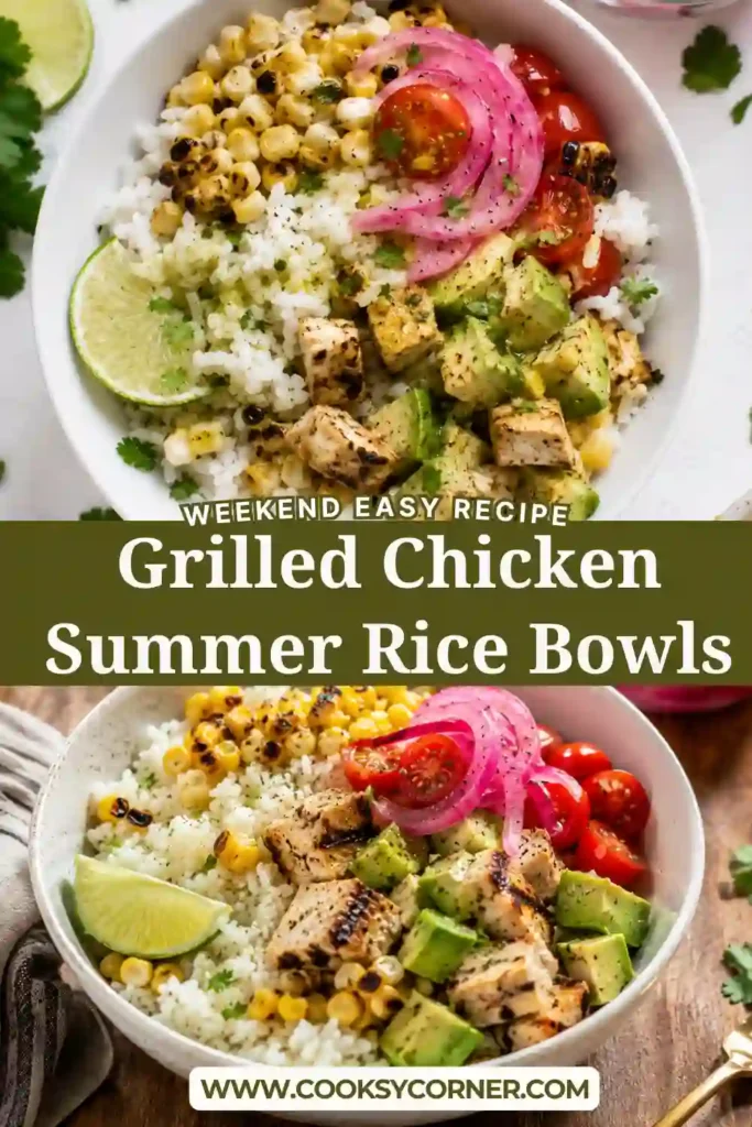 Healthy grilled chicken rice bowls featuring juicy chicken, fluffy jasmine rice, grilled corn, ripe tomatoes, avocado, and homemade cilantro lime dressing.