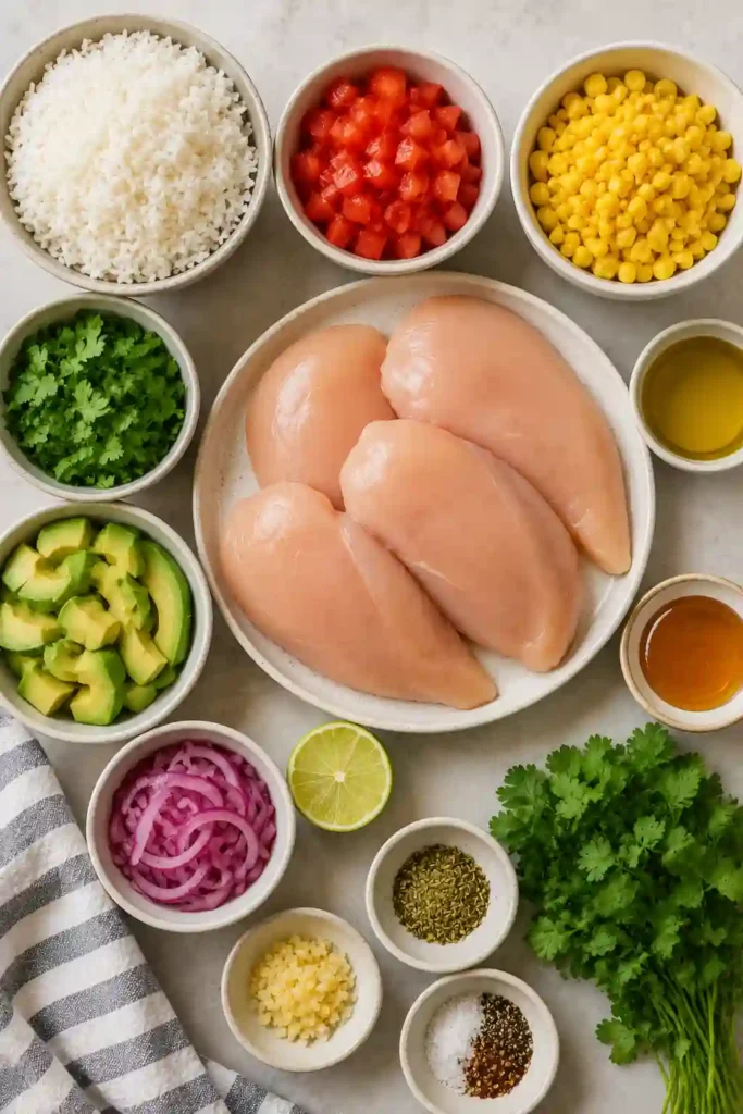 Colorful Grilled Chicken Summer Rice Bowls made with fresh vegetables, grilled chicken breast, creamy avocado, and fragrant jasmine rice.