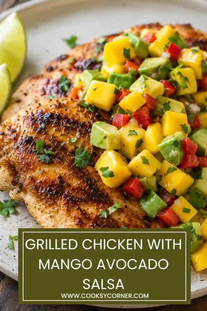 Tender grilled chicken breast topped with vibrant mango avocado salsa on a white serving plate. A fresh, protein-rich meal full of bright flavors.