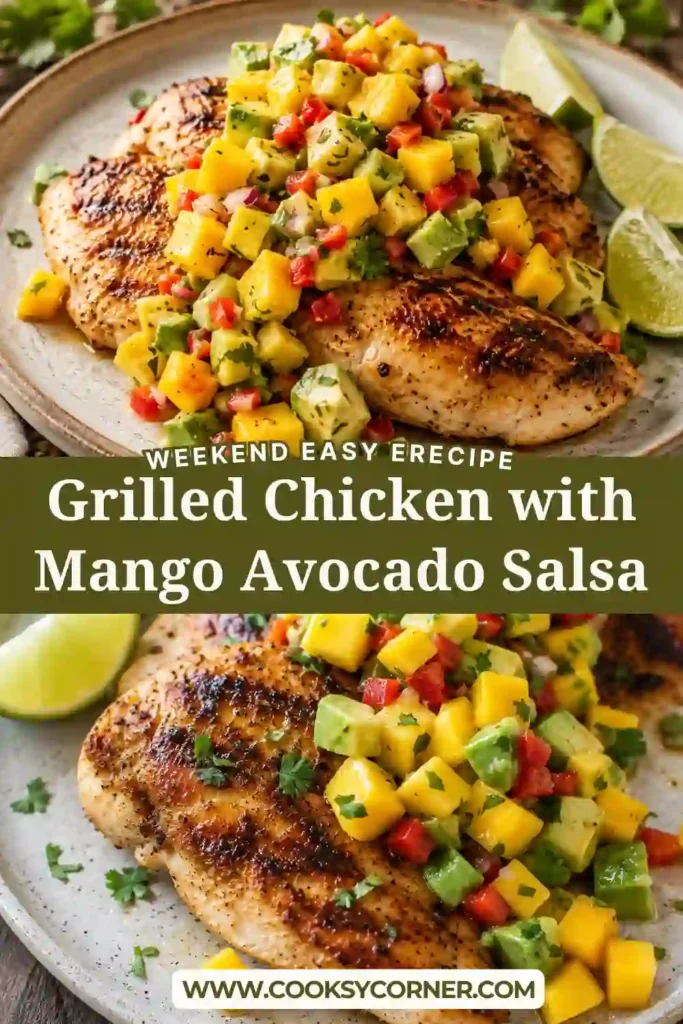 Healthy grilled chicken served with homemade mango avocado salsa featuring fresh tropical fruit and herbs. Perfect for a quick family dinner.