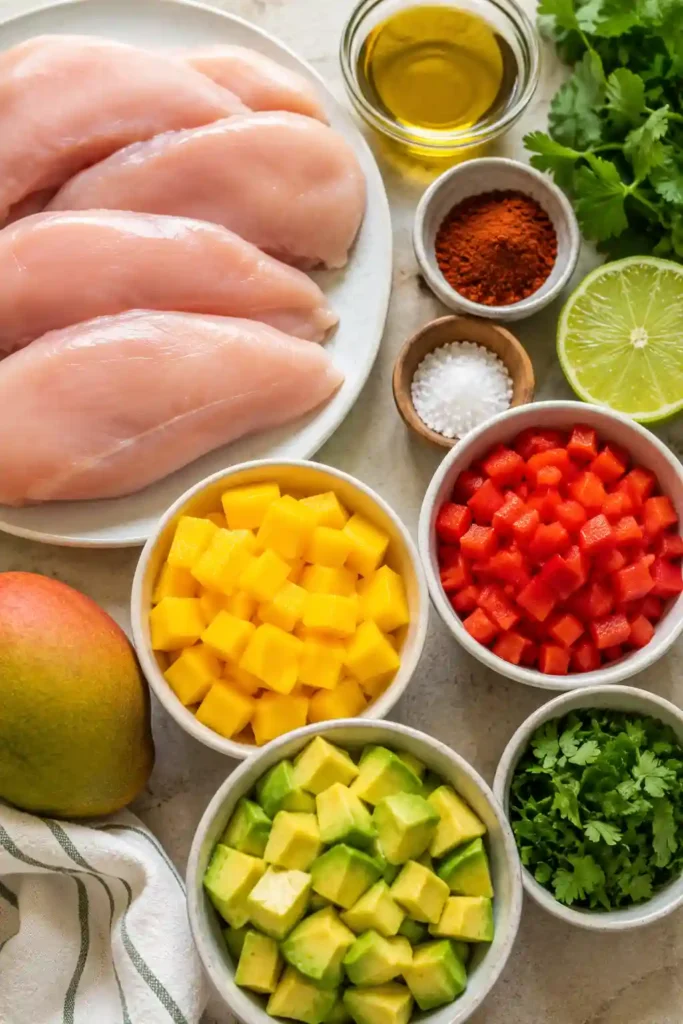 Easy grilled chicken recipe with tropical mango avocado salsa, fresh cilantro, and lime. A colorful, healthy dinner ready in under 30 minutes.