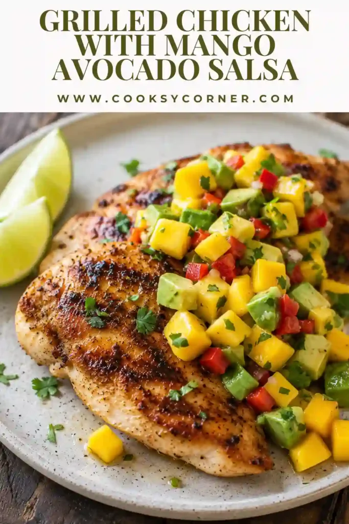 Juicy grilled chicken breast topped with fresh mango avocado salsa made with ripe mango, creamy avocado, cilantro, lime, and red bell pepper. A healthy and colorful summer dinner recipe.