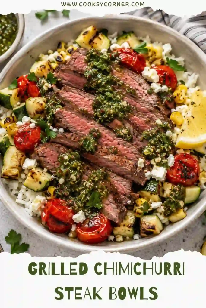 Close-up of Grilled Chimichurri Steak Bowls featuring juicy sliced steak, grilled vegetables, fluffy rice, and green chimichurri sauce. The bowl is vibrant and colorful.