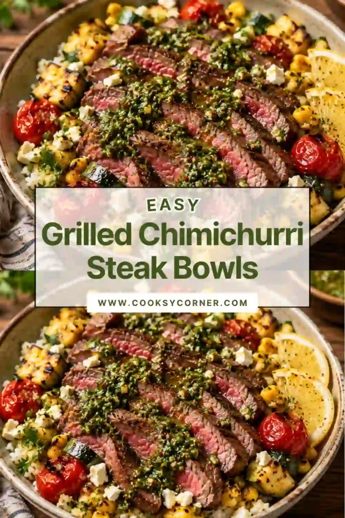 Healthy steak bowl topped with grilled flank steak, corn, zucchini, tomatoes, rice, greens, and chimichurri sauce. Fresh herbs add a bright finishing touch.