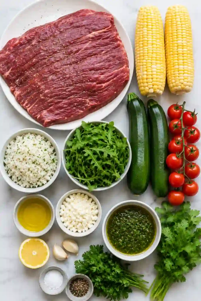 Homemade Grilled Chimichurri Steak Bowls served with grilled corn, zucchini, tomatoes, herb rice, fresh greens, Cotija cheese, and bright green chimichurri sauce.