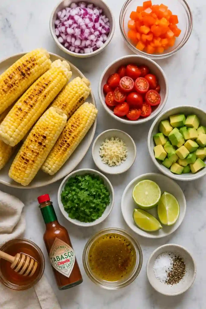 Homemade Grilled Corn Salad with Lime Vinaigrette filled with sweet corn, avocado, tomatoes, and herbs. A colorful side dish for summer entertaining.