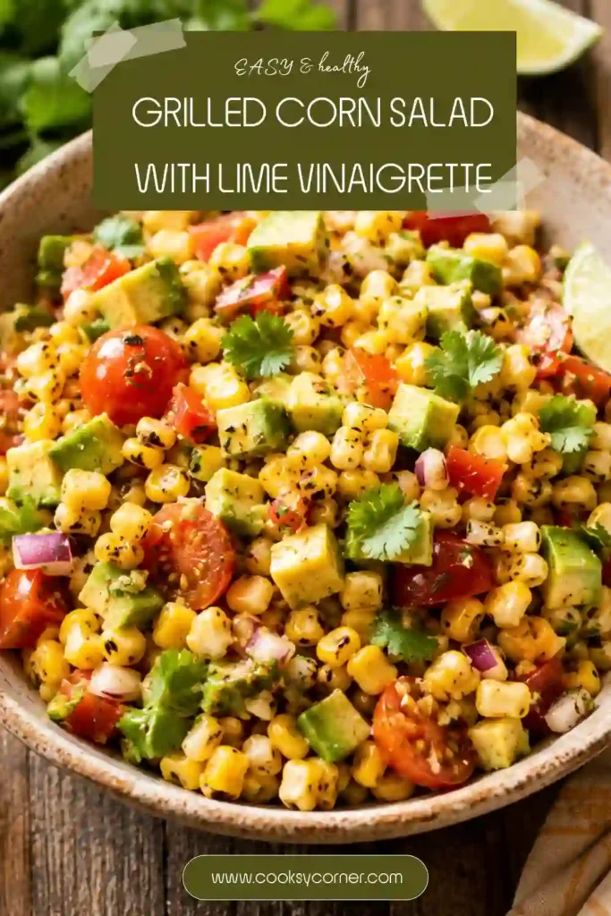 Healthy grilled corn salad made with fresh vegetables, cilantro, and smoky lime dressing. A refreshing salad served in a rustic bowl.