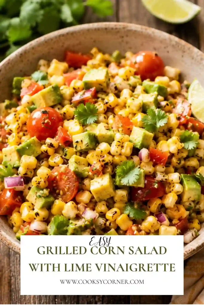 A colorful Grilled Corn Salad with Lime Vinaigrette featuring charred corn, avocado, cherry tomatoes, bell peppers, red onion, and fresh cilantro in a large serving bowl.