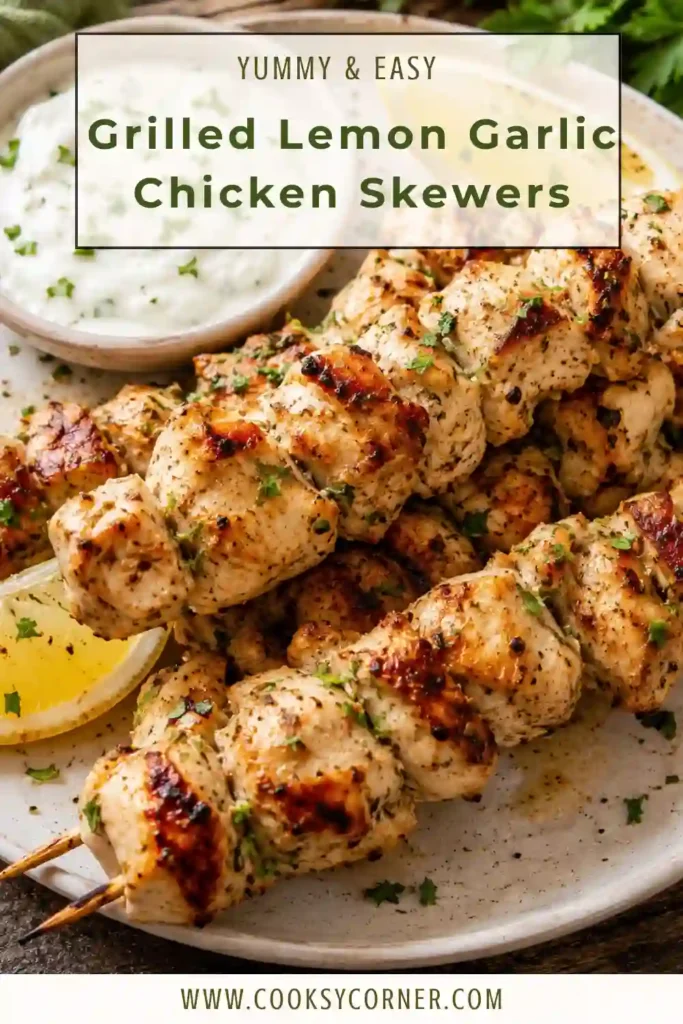 3. Mediterranean-style grilled chicken skewers arranged on a serving board with herbs and citrus. A healthy, high-protein meal perfect for summer grilling.