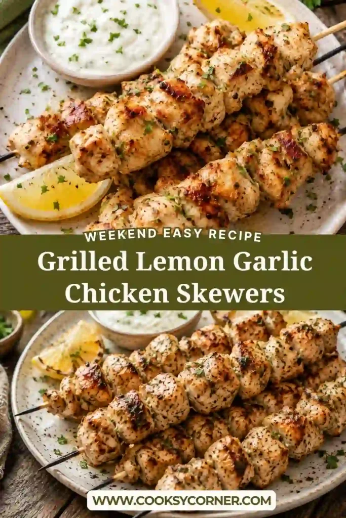2. Close-up of grilled chicken skewers marinated in lemon, garlic, and oregano. The tender chicken is cooked until lightly charred and served with fresh lemon.