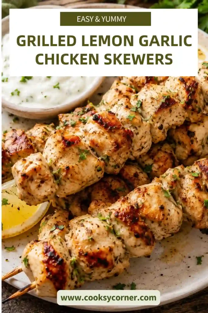 1. Fresh Grilled Lemon Garlic Chicken Skewers with golden grill marks served alongside lemon wedges on a rustic platter. The juicy chicken is perfectly charred and garnished with fresh herbs.