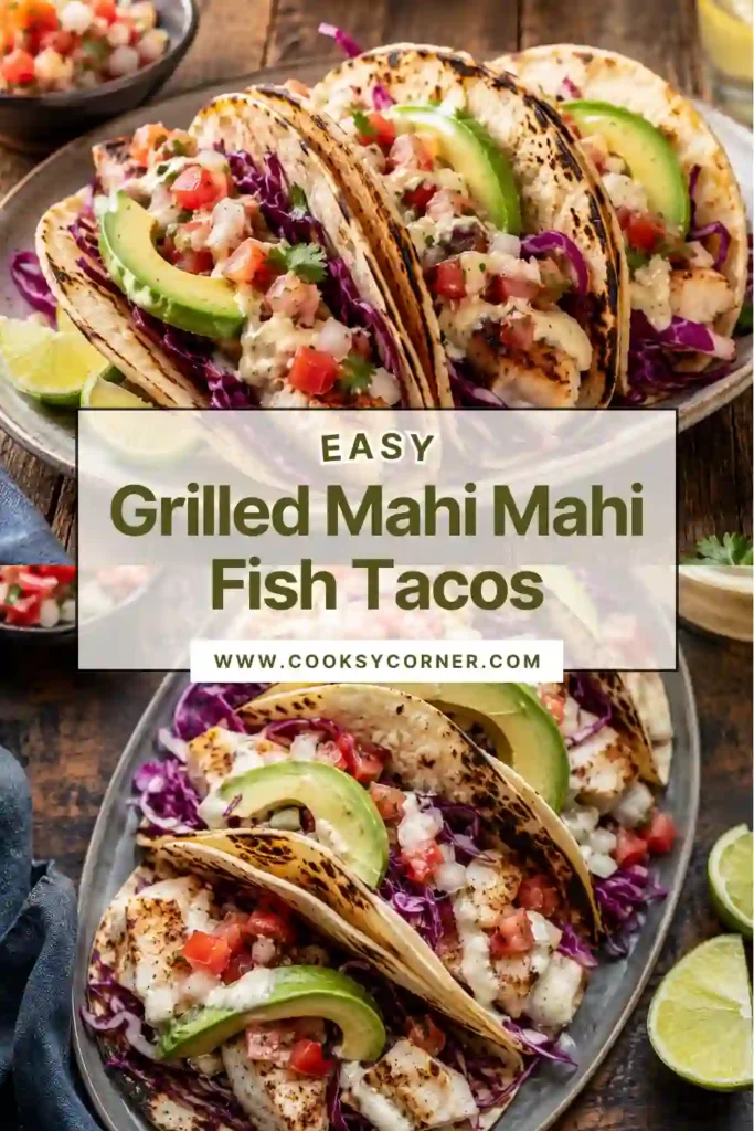 Fresh grilled fish tacos topped with crunchy cabbage slaw, creamy avocado, and homemade salsa on soft corn tortillas. A delicious Mexican-inspired meal.