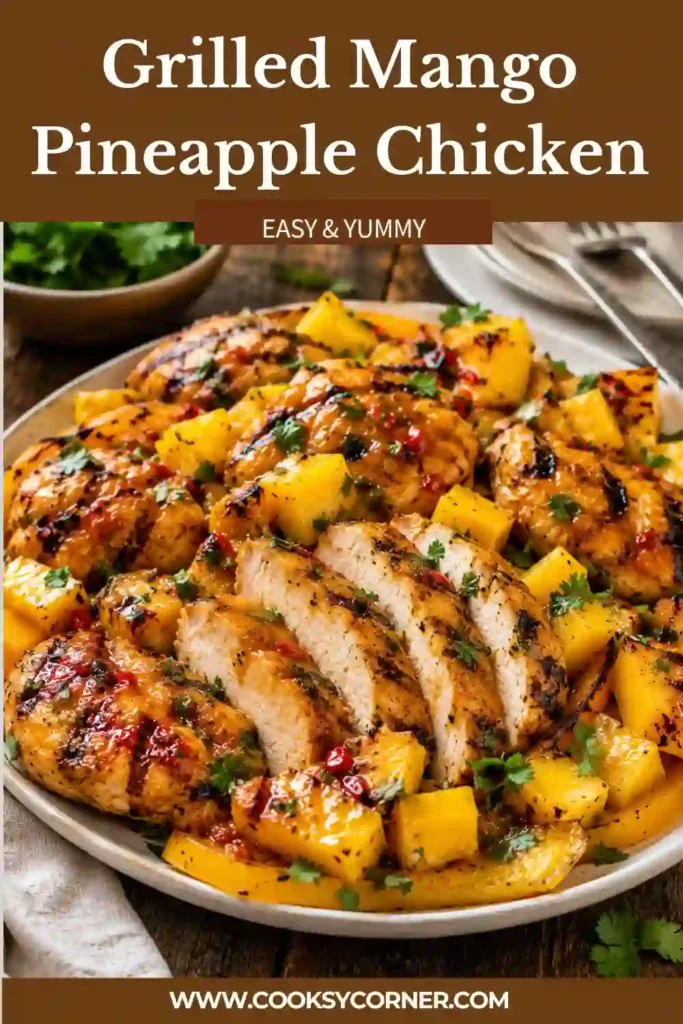 3. Close-up of Grilled Mango Pineapple Chicken garnished with sweet fruit salsa and grilled peppers. This easy summer chicken dinner is fresh, vibrant, and packed with flavor.