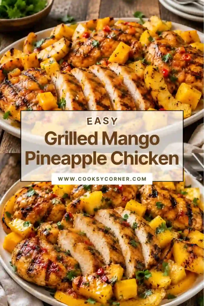 2. Juicy grilled chicken breasts topped with mango pineapple salsa, diced mango, pineapple, and fresh cilantro. A healthy grilled chicken recipe with bright tropical flavors.