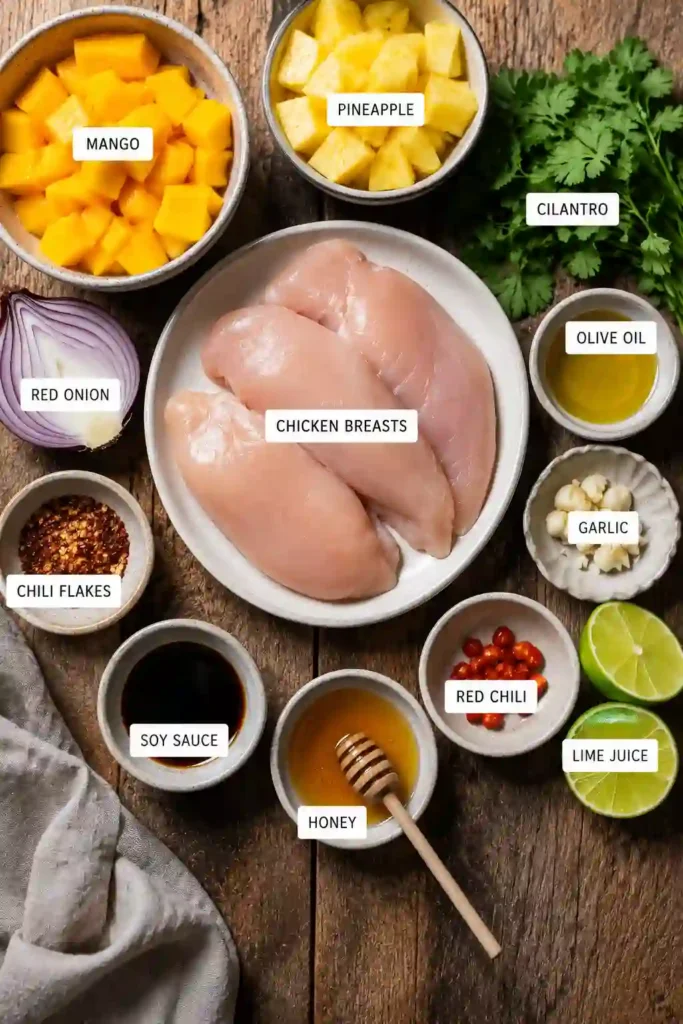 4. Tropical grilled chicken served with mango, pineapple, salsa, and grilled vegetables. A delicious BBQ chicken recipe for family dinners and outdoor entertaining.