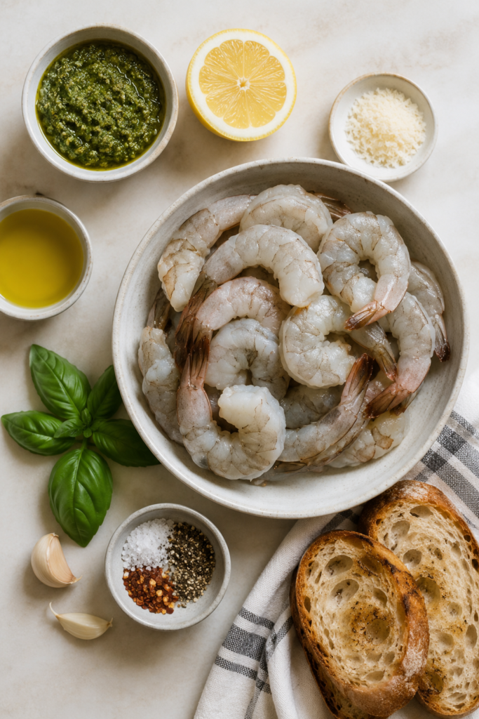 Golden grilled shrimp coated in rich basil pesto and served with lemon wedges. A delicious grilled seafood recipe perfect for summer entertaining.