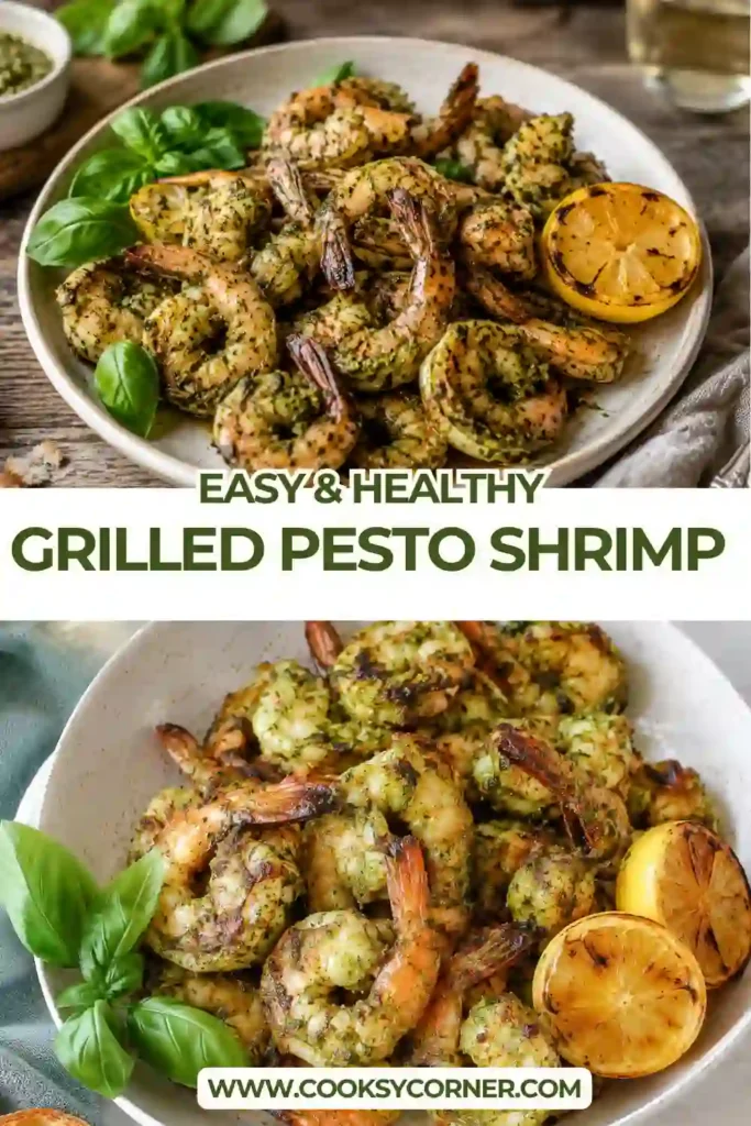 Close-up of grilled pesto shrimp featuring homemade basil pesto, Parmesan cheese, and walnuts. A fresh summer seafood dinner that's quick and flavorful.