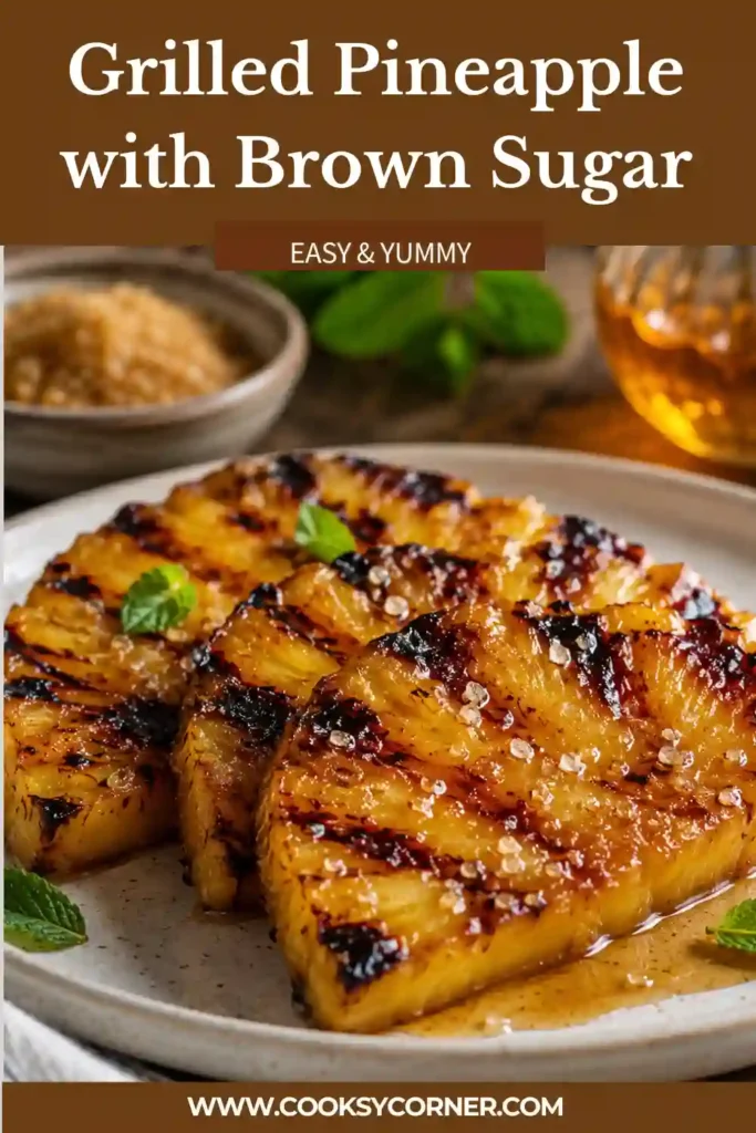 Brown sugar glazed pineapple rings cooking on a barbecue grill with smoky caramelized edges. This BBQ pineapple recipe is perfect for outdoor entertaining.