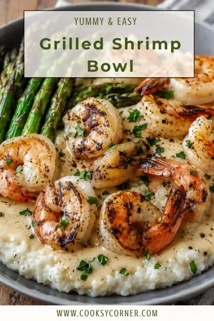 Juicy grilled shrimp paired with steamed rice and charred asparagus in a homemade creamy garlic shrimp bowl. An easy seafood meal ready in about 30 minutes.