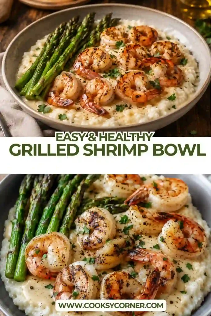 A healthy grilled shrimp rice bowl topped with creamy garlic sauce and fresh parsley. Tender asparagus adds bright color and delicious texture.