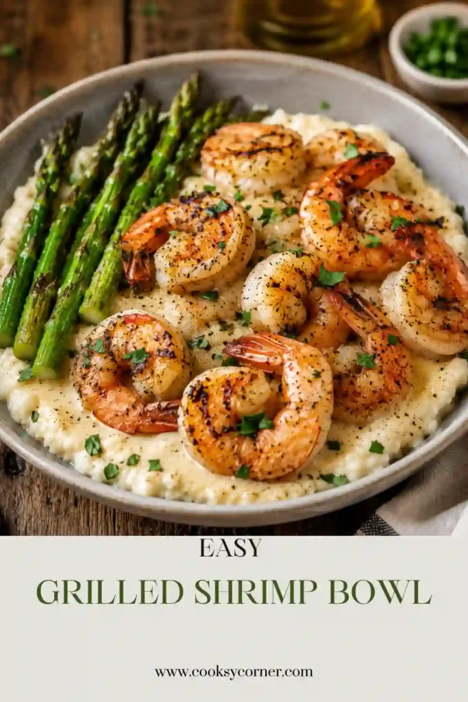 Freshly grilled shrimp served over fluffy rice with grilled asparagus and creamy garlic sauce. This Grilled Shrimp Bowl is colorful, protein-rich, and perfect for a quick family meal.