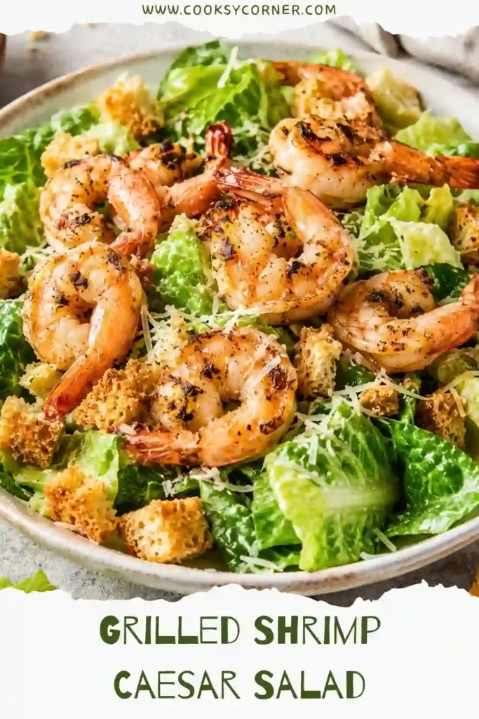 Healthy Grilled Shrimp Caesar Salad featuring juicy shrimp, homemade breadcrumbs, creamy dressing, and shaved Parmesan.