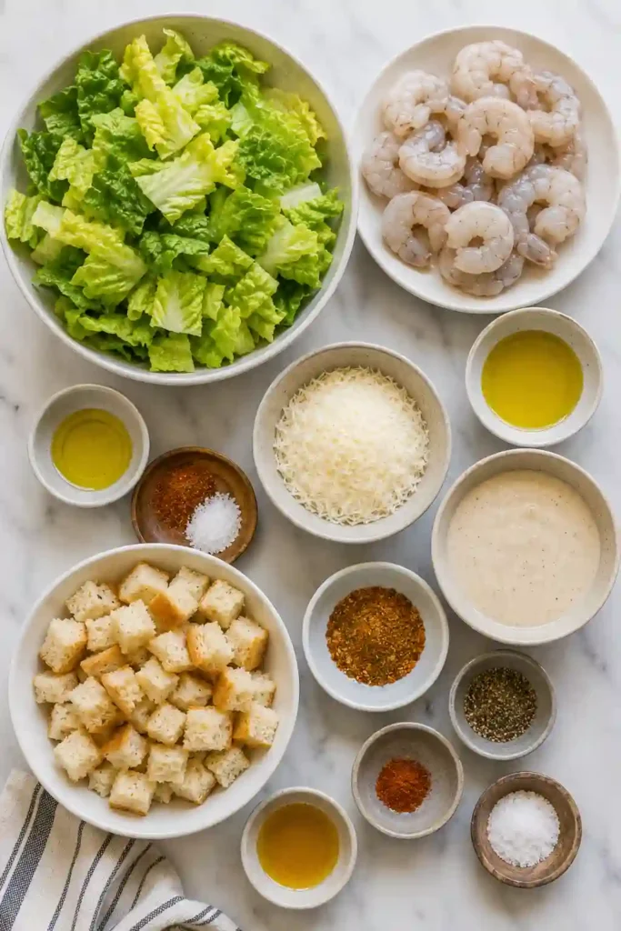 Restaurant-style shrimp Caesar salad with grilled shrimp, fresh romaine, Parmesan cheese, and crispy seasoned breadcrumbs.