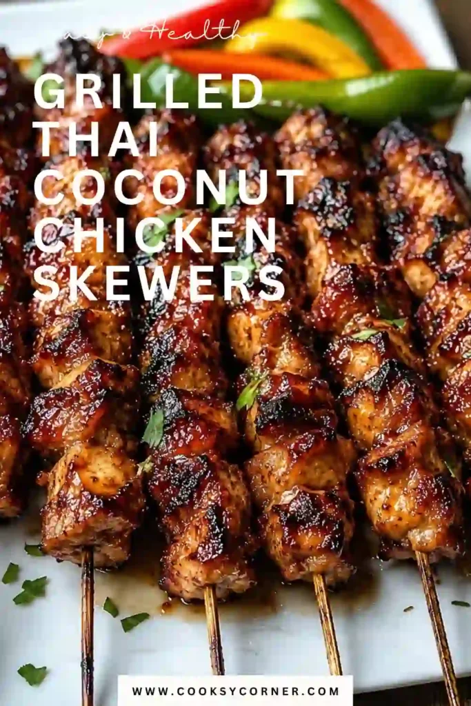 Freshly grilled chicken skewers marinated in coconut milk, garlic, ginger, and red curry paste. A colorful Thai-inspired meal served warm with lime wedges.