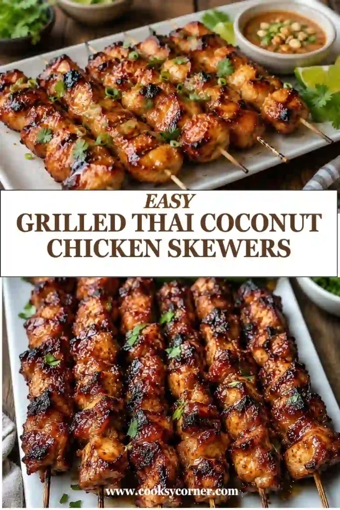 Grilled Thai Coconut Chicken Skewers served on a platter with fresh lime wedges and cilantro. The juicy grilled chicken features beautiful char marks and a creamy coconut marinade.