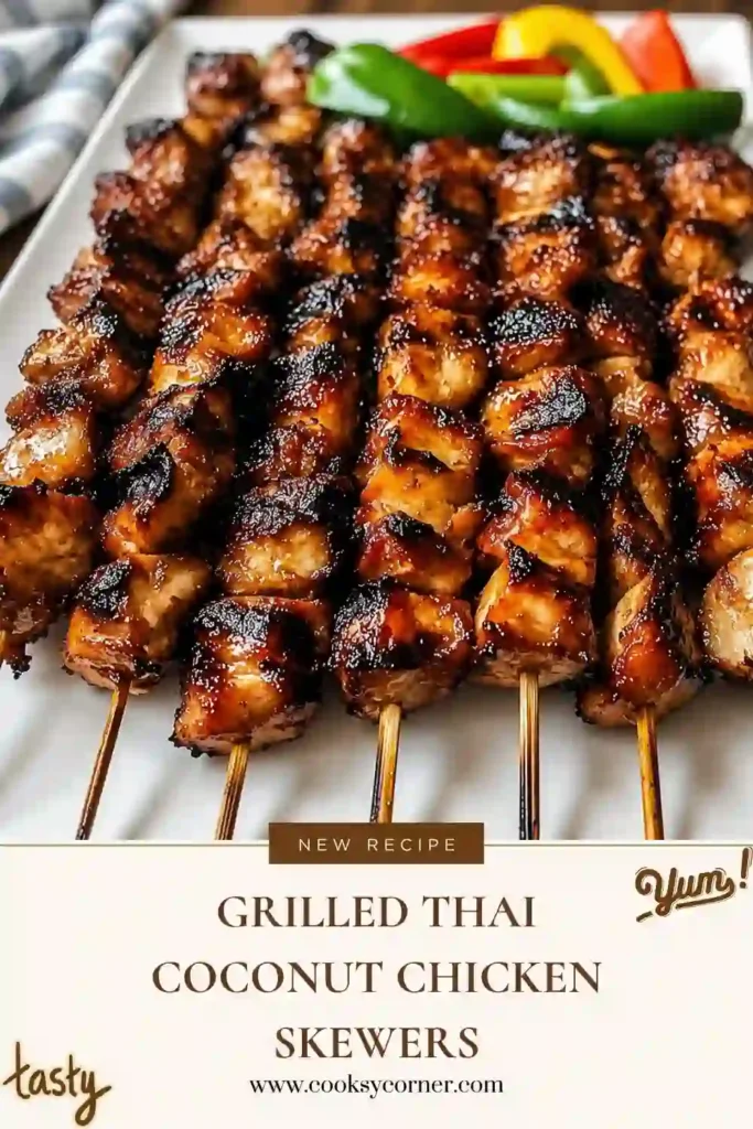 Close-up of Thai chicken skewers grilled until golden brown and served with fresh herbs. These coconut chicken skewers are tender, flavorful, and perfect for summer grilling.