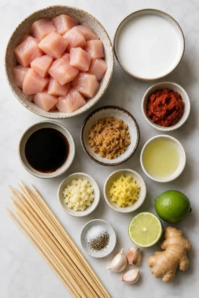 Homemade Grilled Thai Coconut Chicken Skewers cooked on an outdoor grill until perfectly charred. A delicious high-protein dinner with authentic Thai-inspired flavors.
