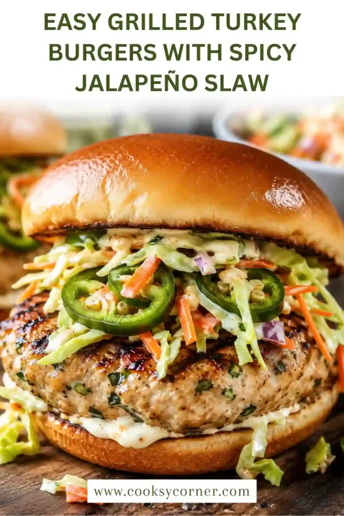 Fresh grilled turkey burger with spicy jalapeño slaw served on a toasted whole wheat bun. A wholesome homemade burger with vibrant summer flavors.