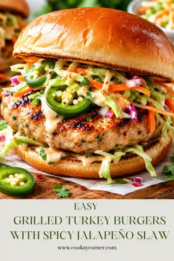 Healthy grilled turkey burgers topped with creamy cabbage slaw and sliced jalapeños on toasted whole wheat buns. A colorful homemade burger perfect for outdoor grilling.