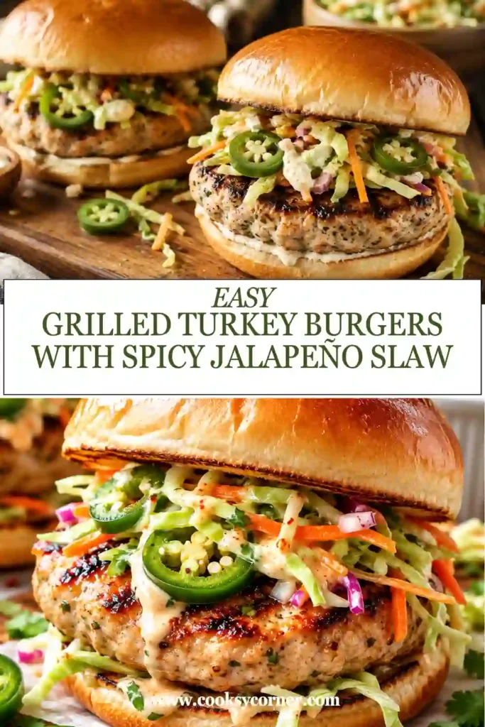 Juicy grilled turkey burgers served on whole wheat buns with crunchy spicy jalapeño slaw. The burgers are perfectly grilled and ideal for healthy summer meals.