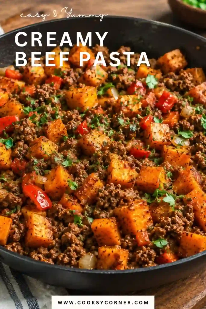 Close-up of Ground Beef and Sweet Potato Skillet cooked with smoky spices and fresh vegetables. The hearty one-pan meal is ideal for busy weeknight dinners and meal prep.