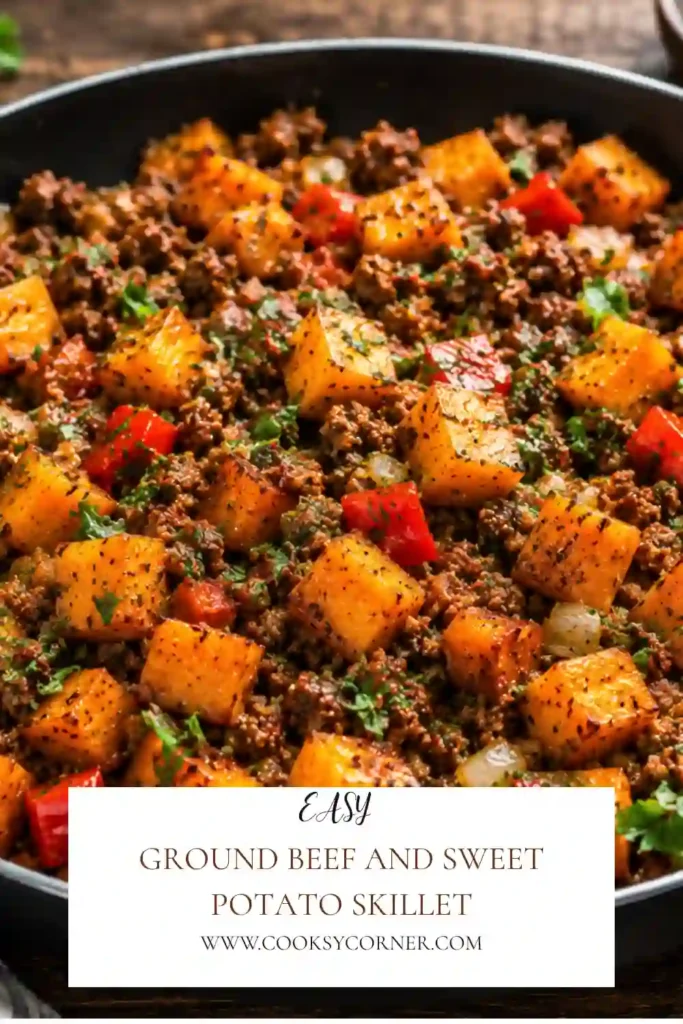 A healthy Ground Beef and Sweet Potato Skillet featuring golden sweet potatoes, browned ground beef, vibrant bell peppers, and fresh herbs. This easy skillet meal is packed with flavor and wholesome ingredients.