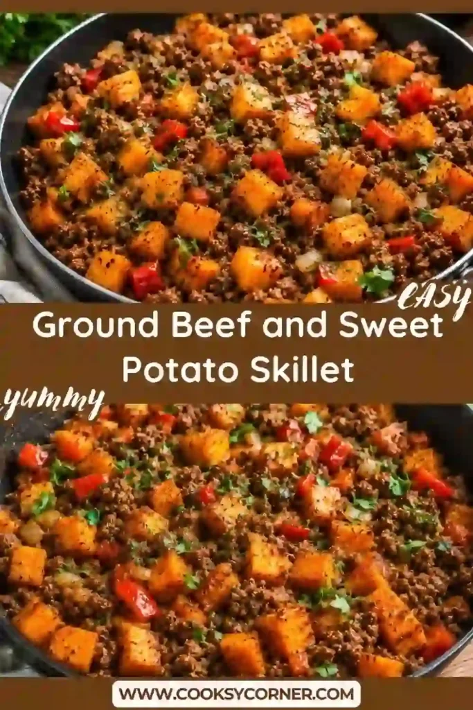Ground Beef and Sweet Potato Skillet served in a cast-iron skillet with tender sweet potatoes, seasoned lean ground beef, bell peppers, onions, and fresh parsley. This colorful one-pan dinner looks warm, hearty, and perfect for family meals.
