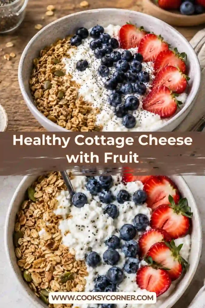 Smooth cottage cheese topped with peaches, cherries, and crunchy granola. This easy healthy snack is ideal for busy mornings.