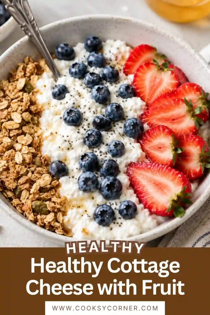 A healthy cottage cheese fruit bowl topped with mango, kiwi, and chia seeds. This quick breakfast is rich in protein and naturally sweet.