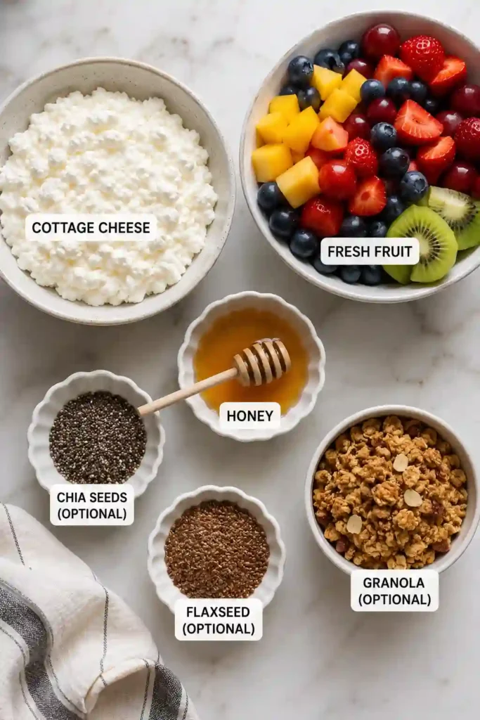 A bowl of whipped cottage cheese topped with assorted seasonal fruit and flaxseed. This healthy breakfast recipe is protein-rich and naturally delicious.