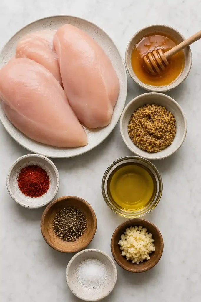 Homemade Honey Mustard Chicken served with roasted vegetables and fresh herbs on a white serving platter. The golden chicken is coated in a rich honey mustard glaze.