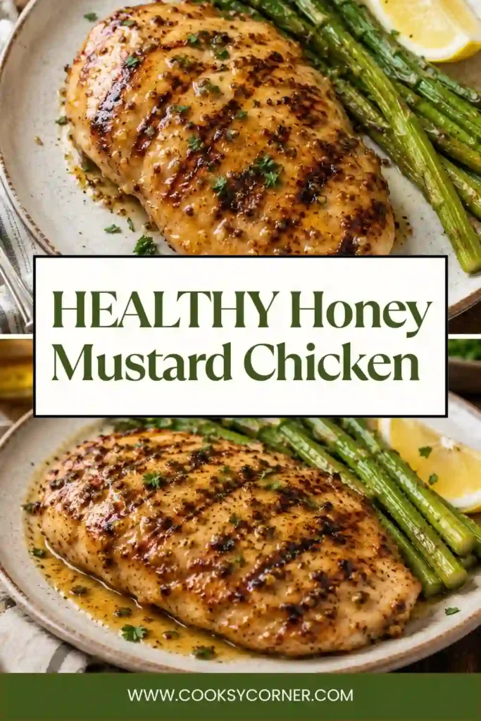 Baked Honey Mustard Chicken breasts glazed with homemade honey mustard sauce and garnished with parsley. The chicken has a golden finish and juicy texture.