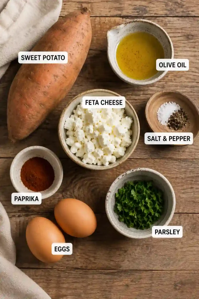 Mediterranean breakfast featuring roasted sweet potatoes filled with fried eggs and topped with feta, parsley, and flavorful spices. A simple and wholesome breakfast recipe.